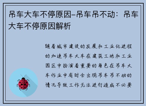 吊车大车不停原因-吊车吊不动：吊车大车不停原因解析