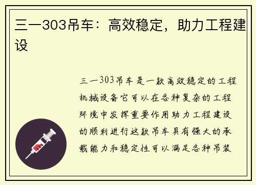 三一303吊车：高效稳定，助力工程建设