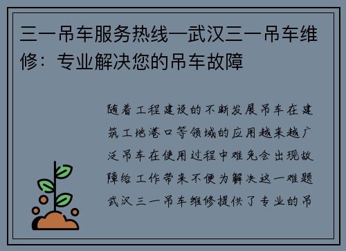 三一吊车服务热线—武汉三一吊车维修：专业解决您的吊车故障