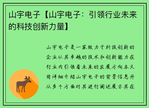 山宇电子【山宇电子：引领行业未来的科技创新力量】
