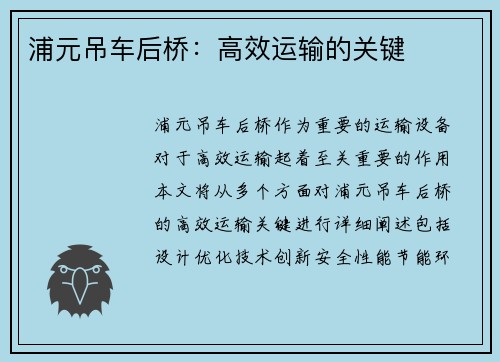 浦元吊车后桥：高效运输的关键